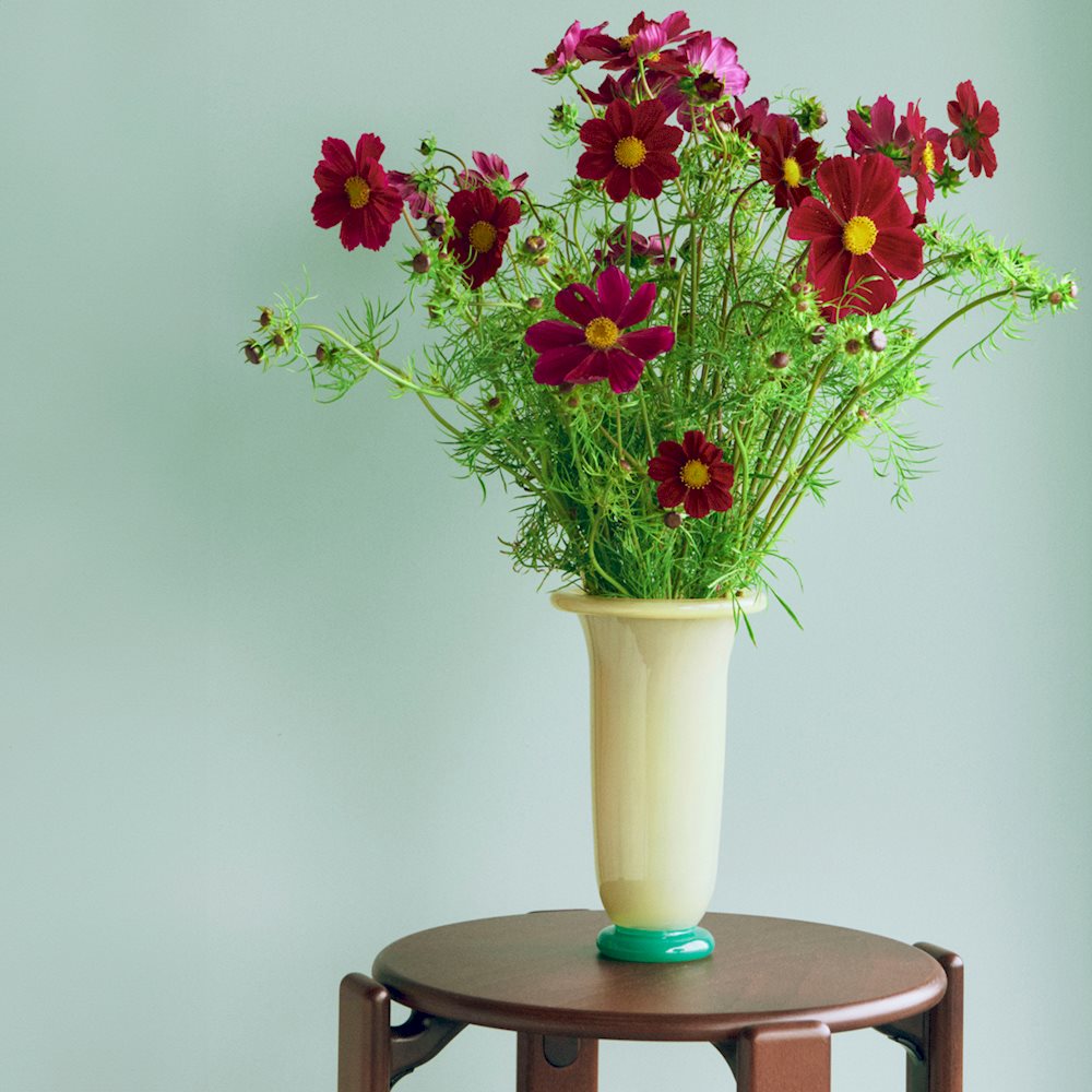 Vase with red flowers on a wooden stool against a light green background libertine