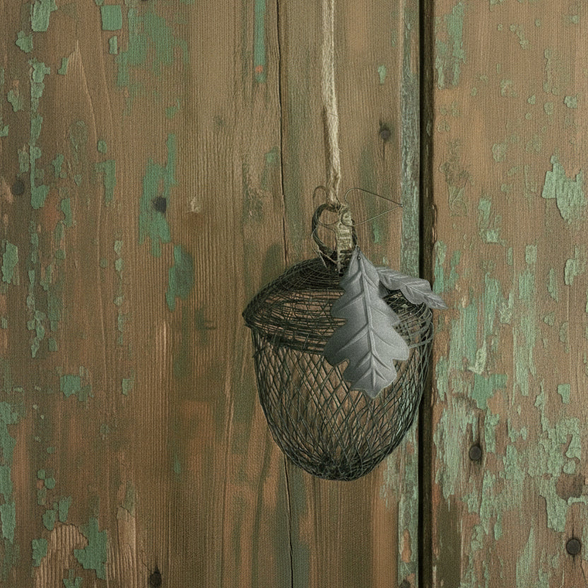 Decorative hanging basket with a leaf on a white background
