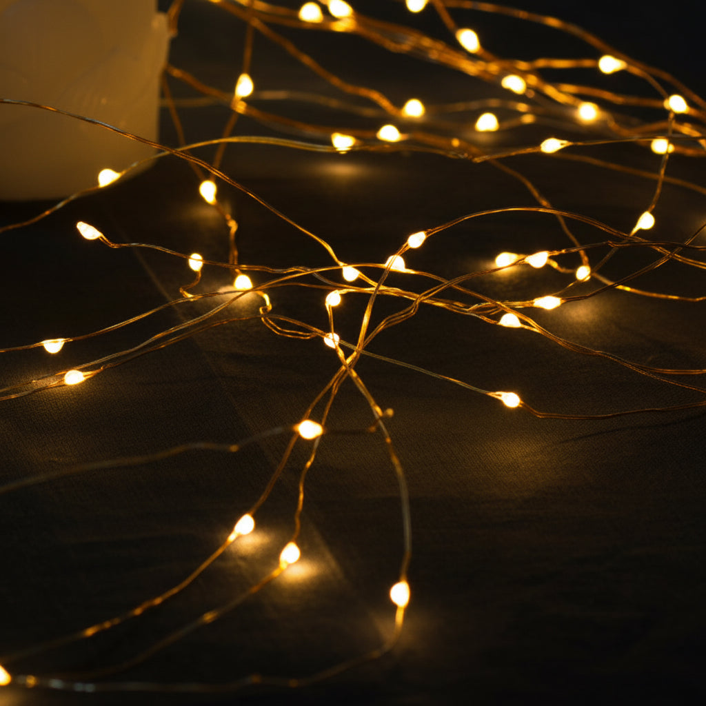 String of small lights on a yellow background