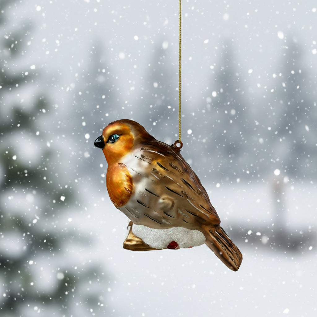 Glass ornament of a bird with brown, white, and black colors on a white background