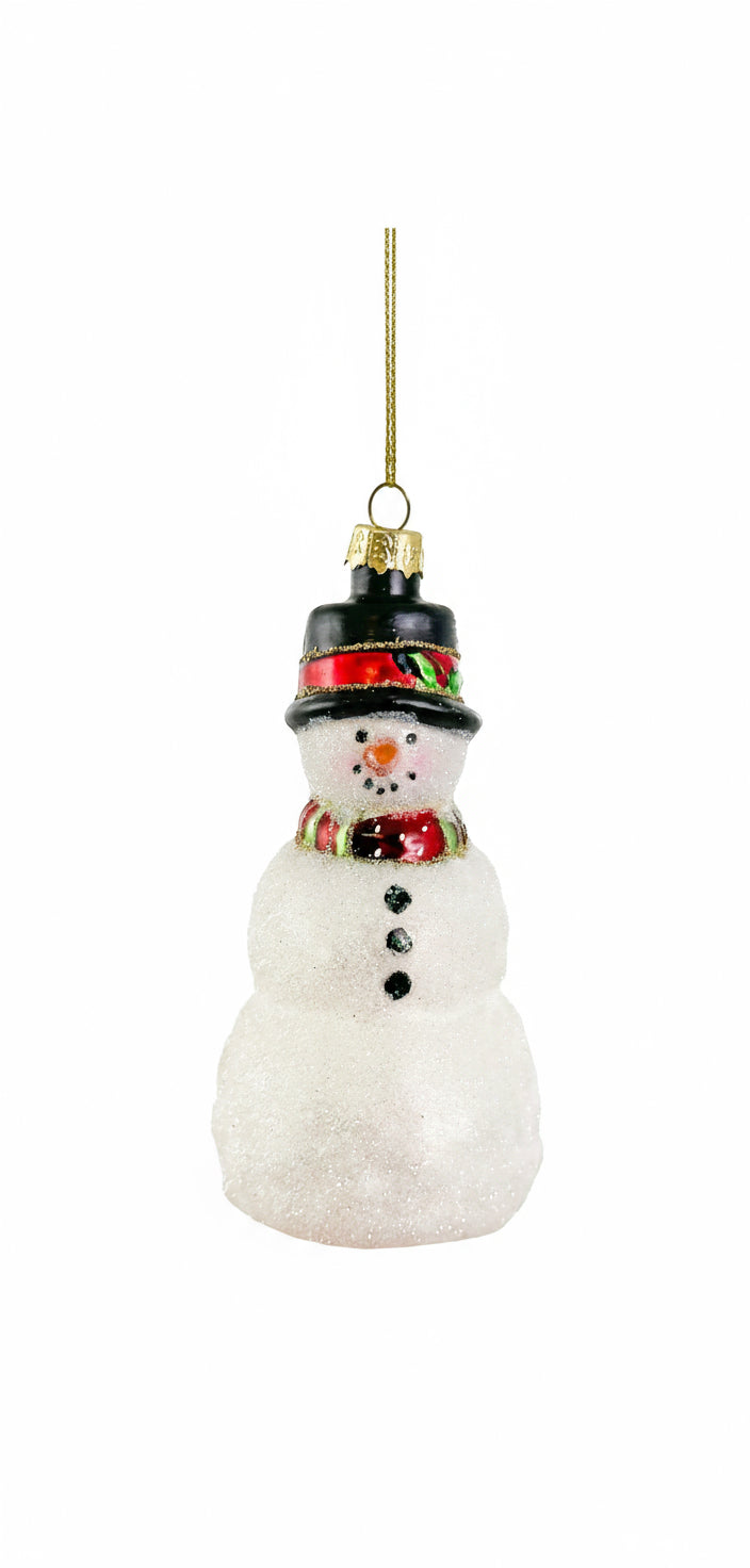 Decorative snowman ornament with a black top hat and red scarf on a white background