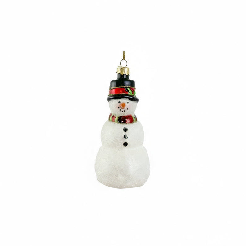 Christmas ornament of a snowman with a colorful hat and scarf on a white background