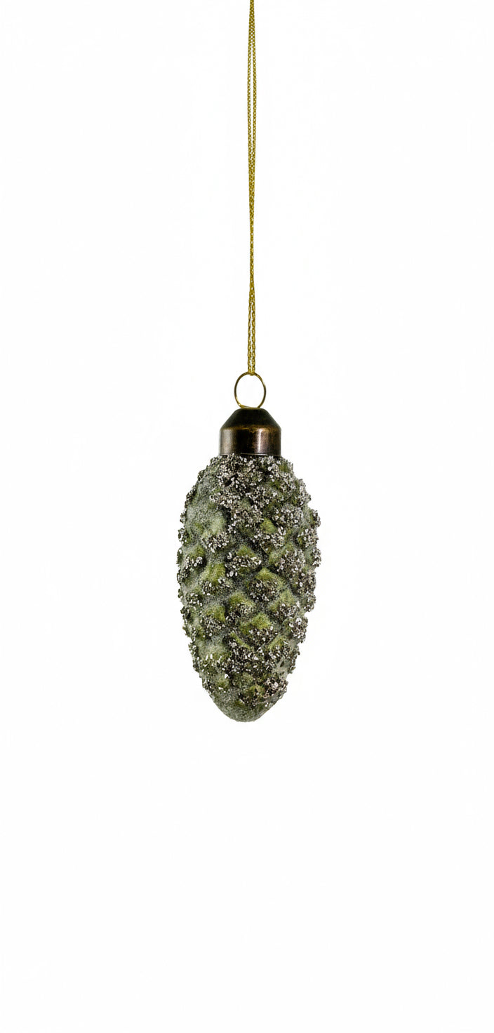 Decorative Christmas ornament resembling a pine cone with metallic embellishments on a white background