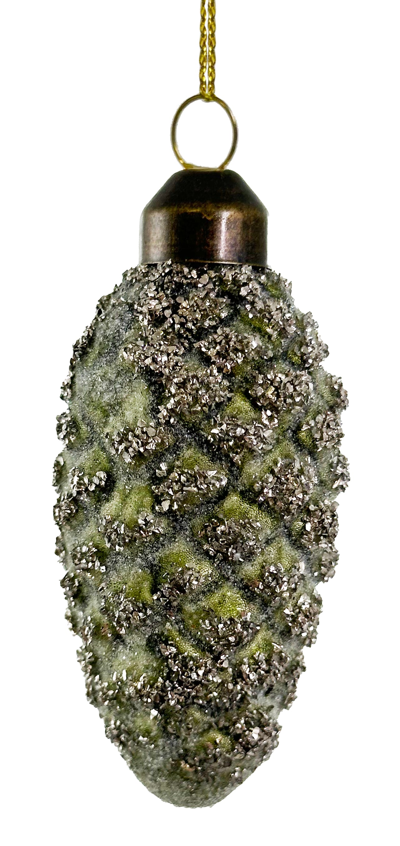 Decorative Christmas ornament shaped like a pine cone with metallic embellishments on a white background.