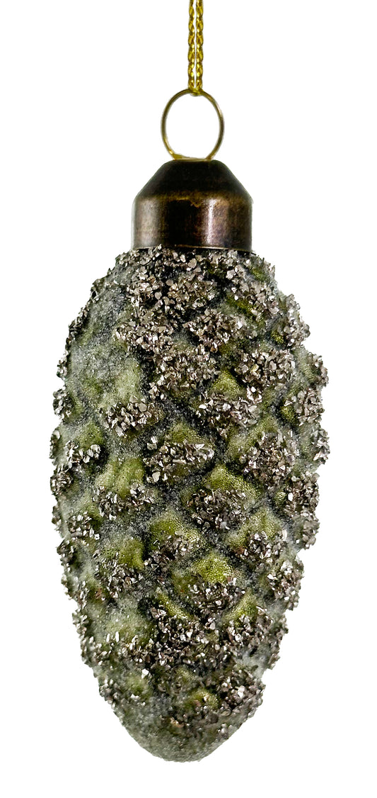 Decorative Christmas ornament shaped like a pine cone with metallic embellishments on a white background.