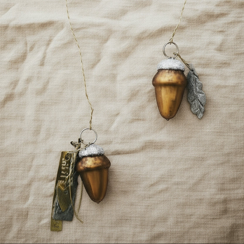 Two acorn-shaped ornaments with snow-like textures on a beige fabric background