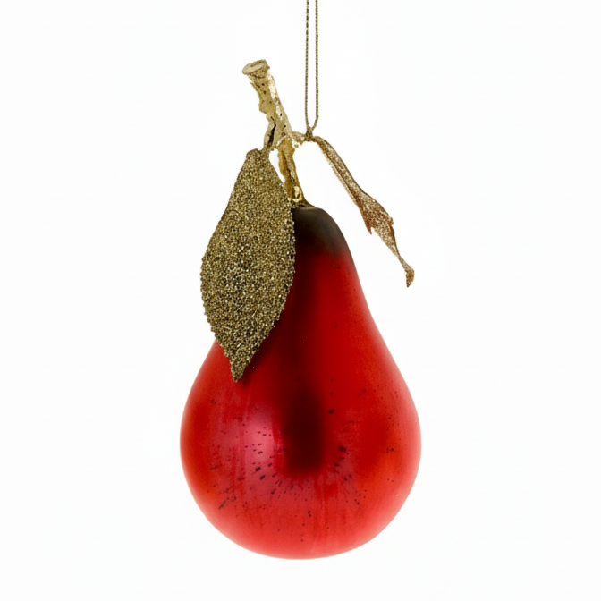 Red pear-shaped ornament with a gold leaf on a white background