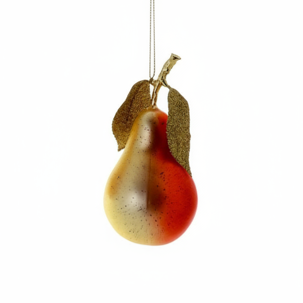 Decorative pear ornament with a gold hook on a white background